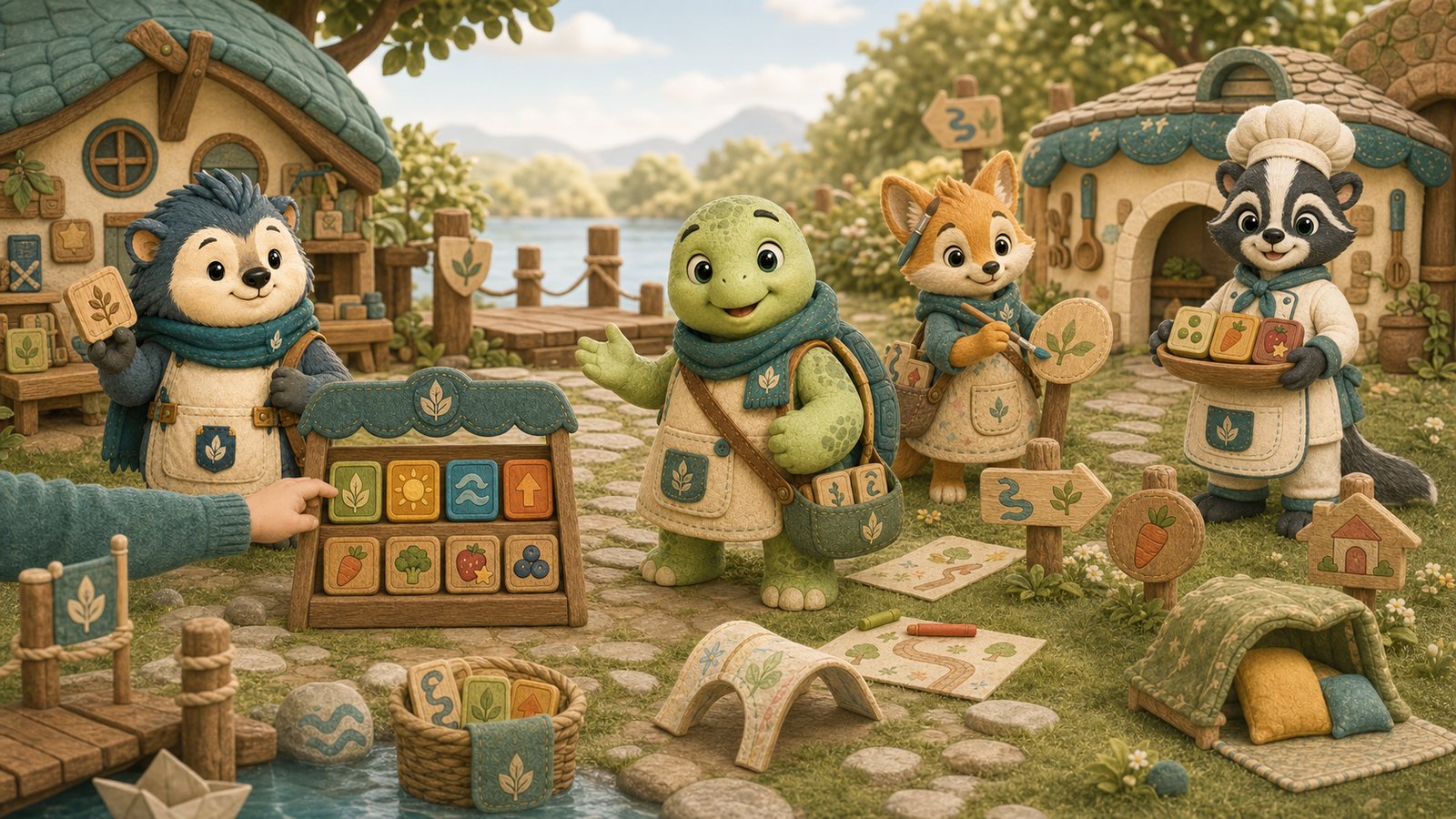 Mosey's Village — Mosey, Larry, Sola, and Skai at the tile stand