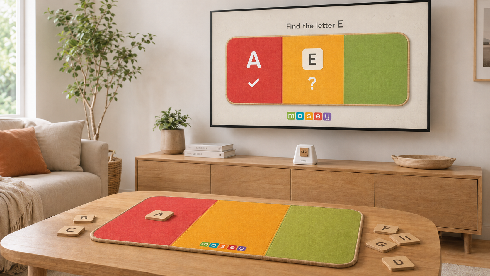 A matching learning game on Mosey, with physical vowel letter tiles on the table