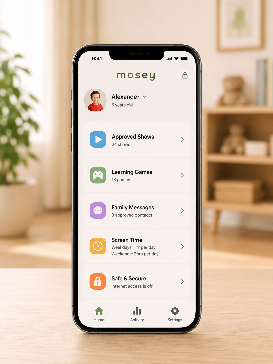 The Mosey parent app — choosing shows, learning games, family messages, and screen time for a child