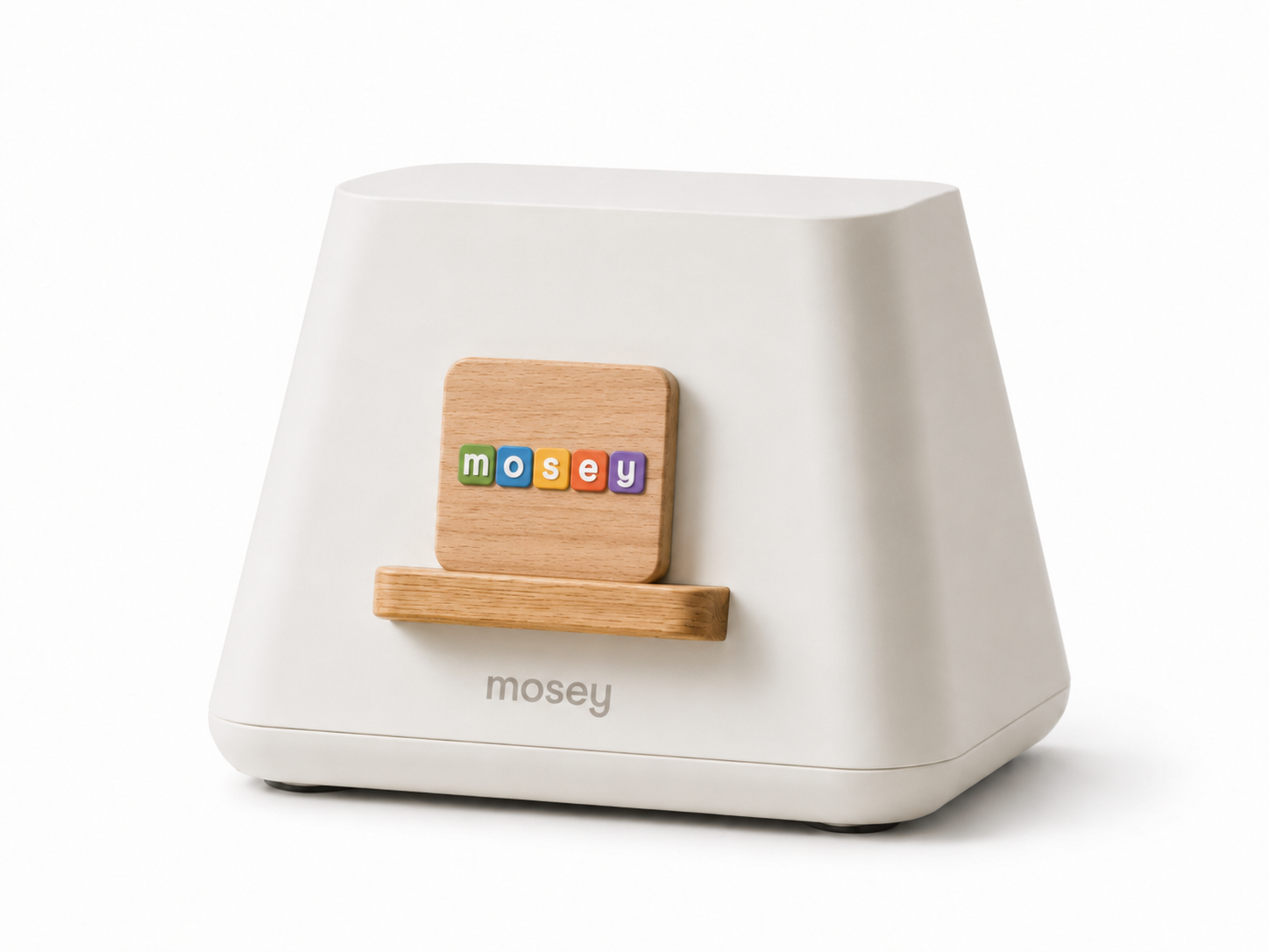 The Mosey console with a mosey tile resting in its wooden holder