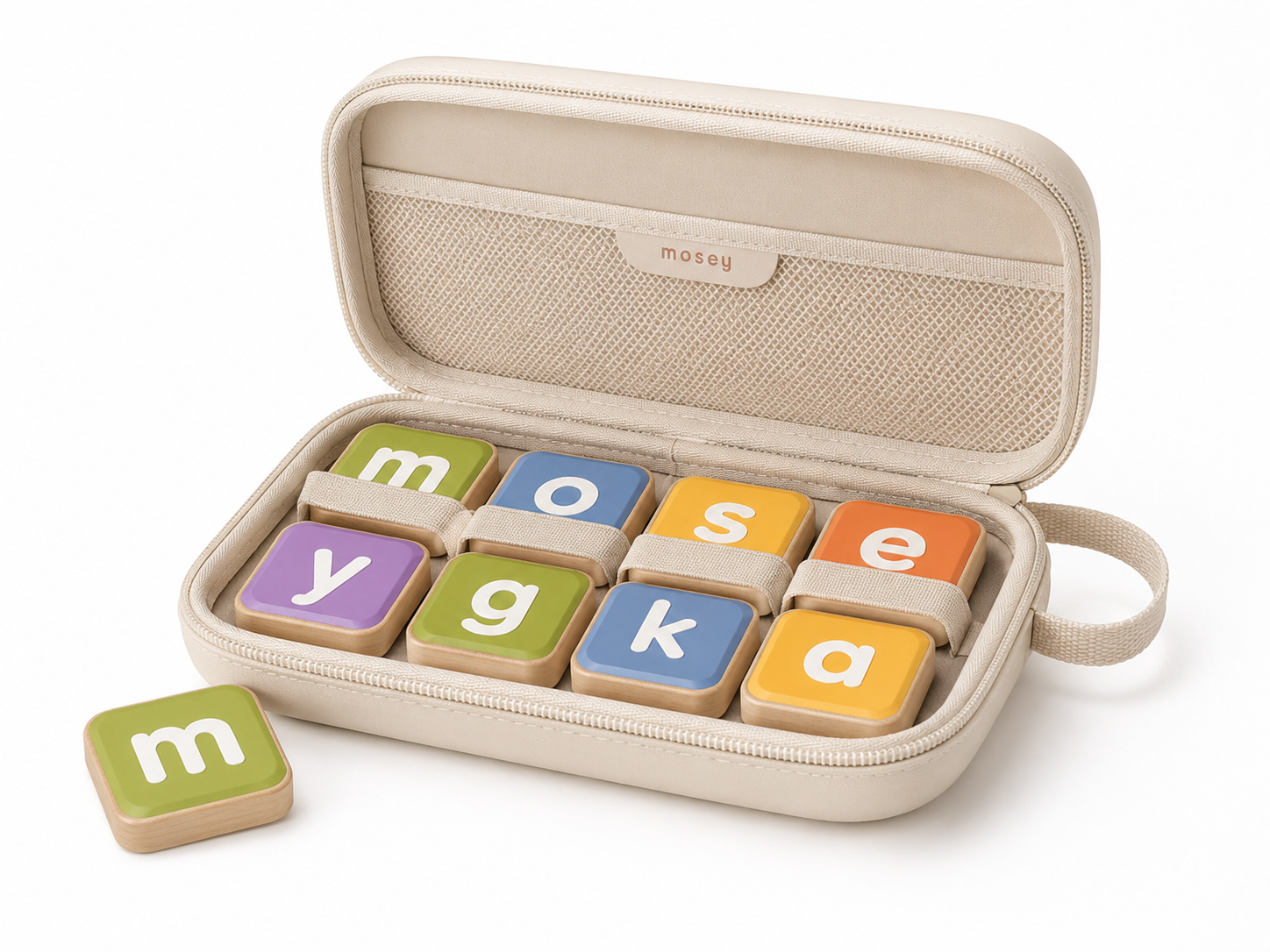 The Mosey Tile Carry Case — a soft zip case with colorful letter tiles in their slots