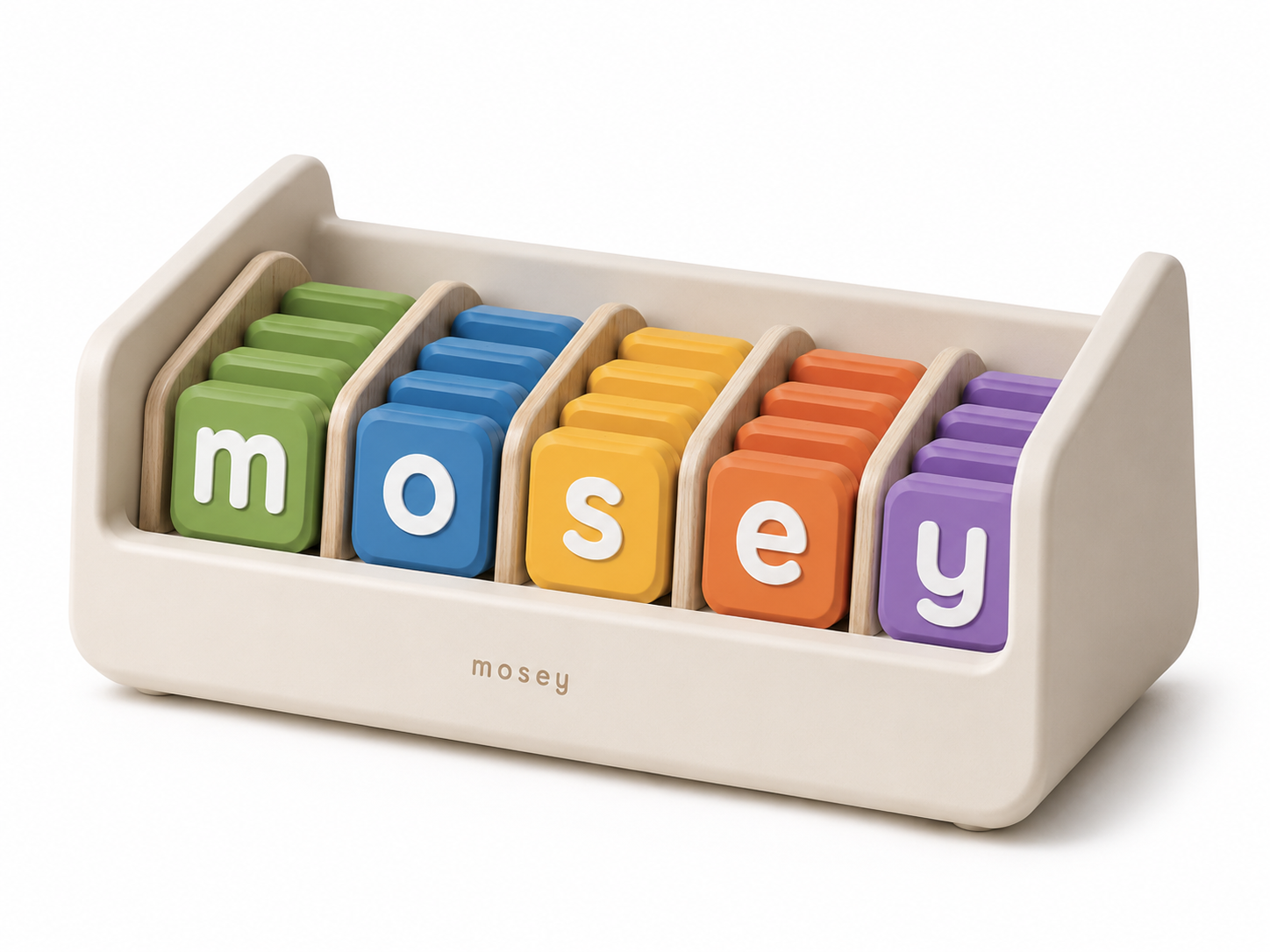 The Mosey Tile Library Shelf holding colorful tiles that spell mosey, each in its own slot